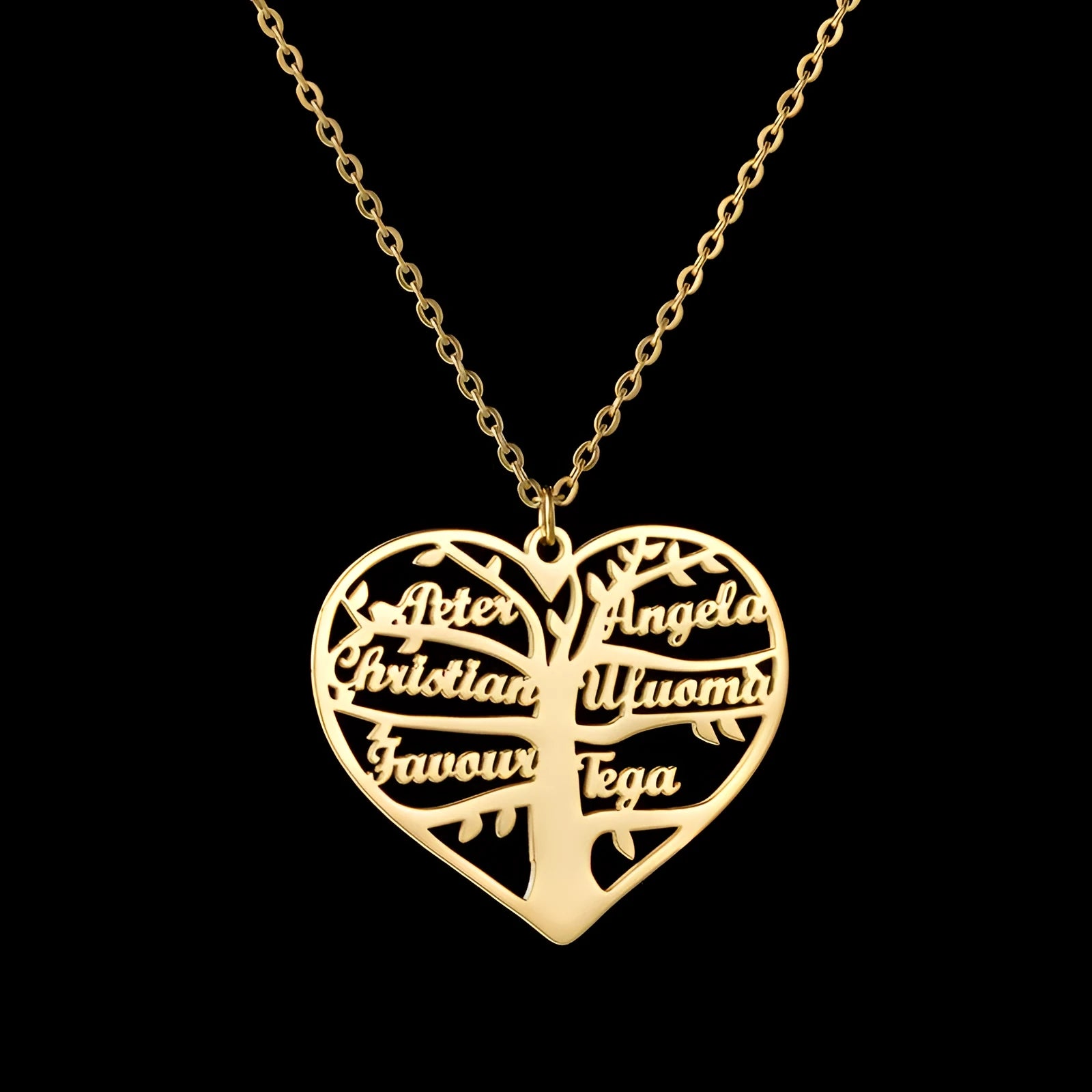 Custom engraved life tree and heart pendant necklace with 1-6 names in stainless steel.