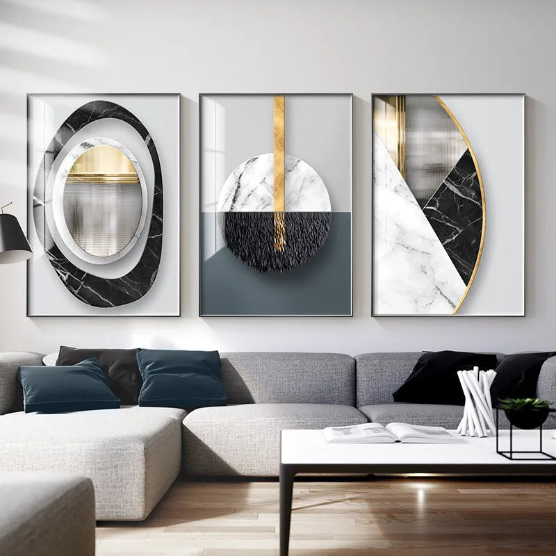 Abstract geometric design printed on a textured canvas wall art poster.