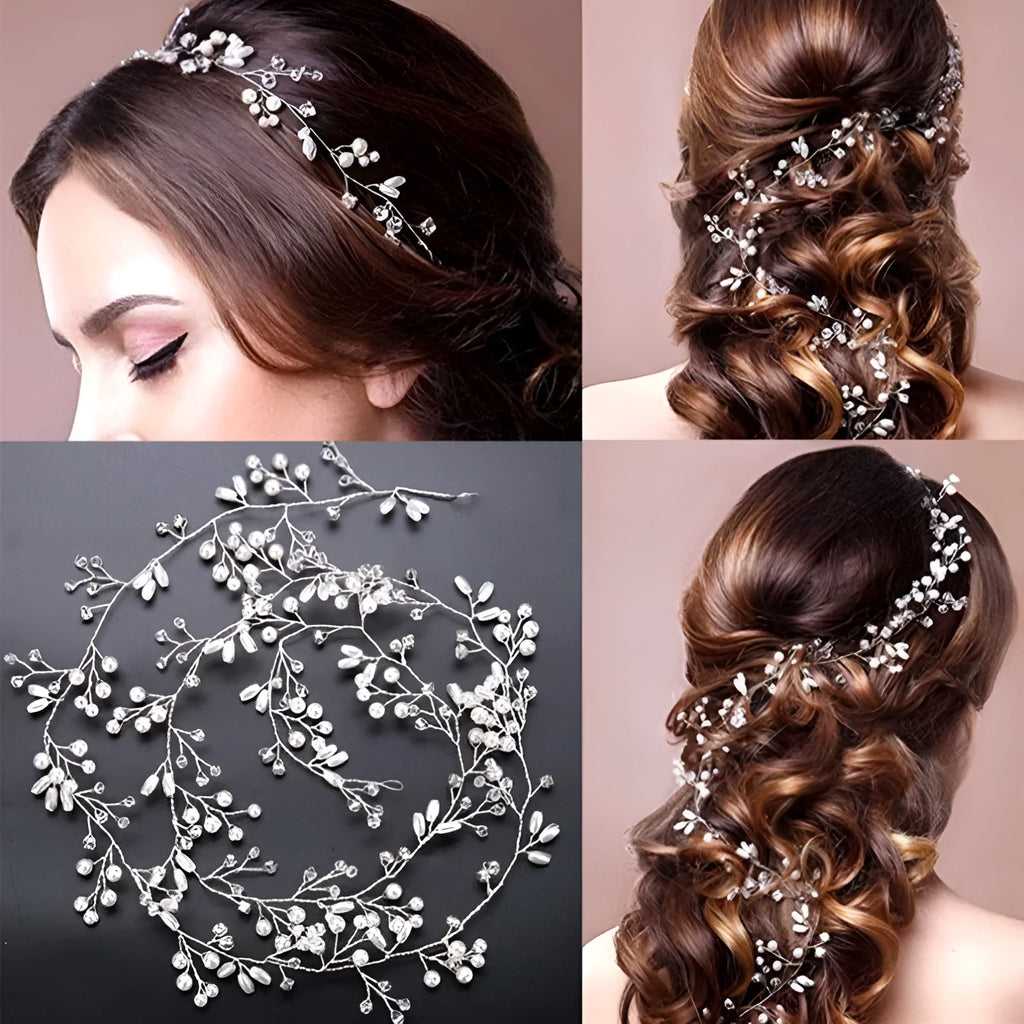 Silver wedding hair band with crystals and pearls on a long wire, shown at 100cm length