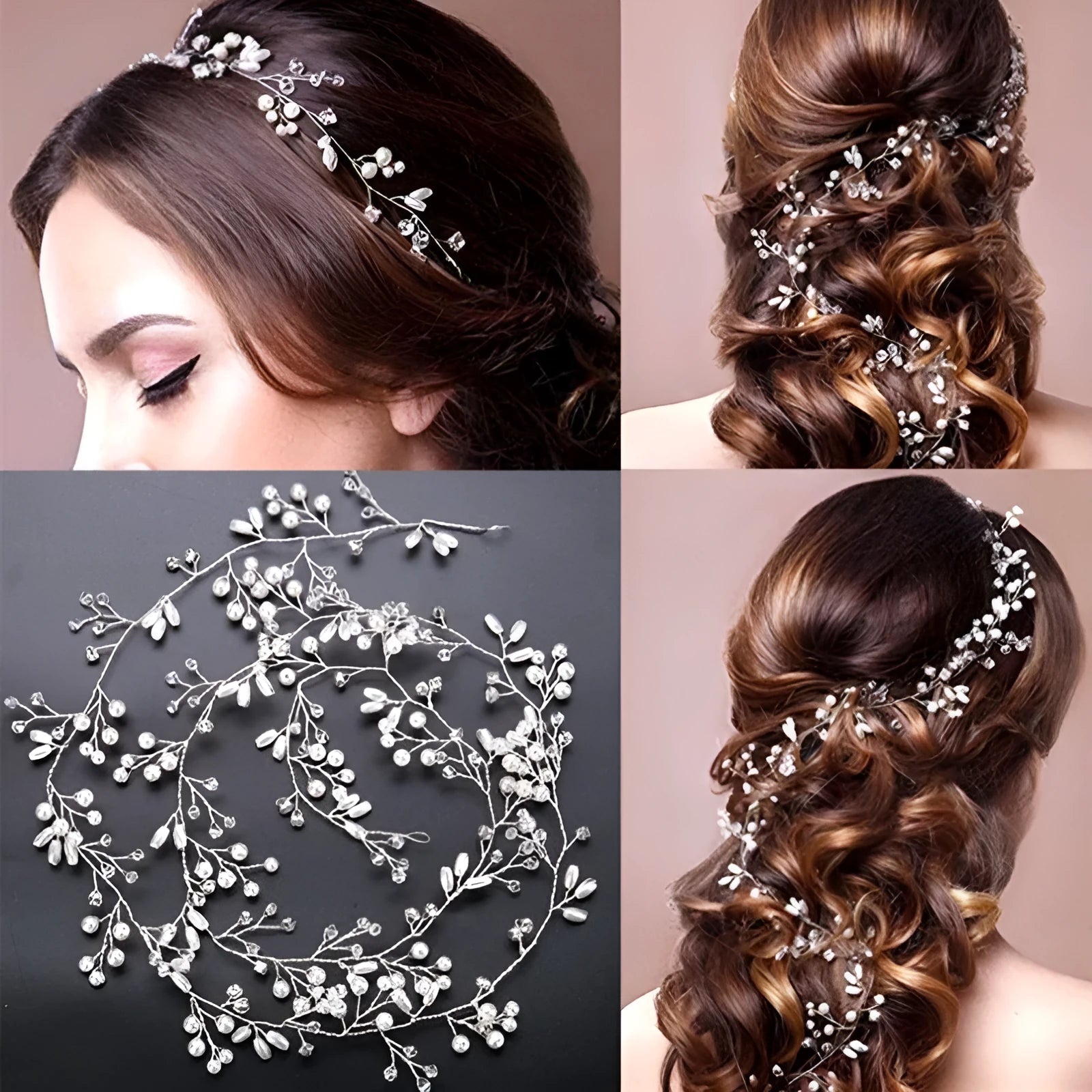 Silver wedding hair band with crystals and pearls on a long wire, shown at 100cm length