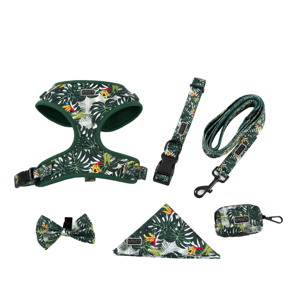 Six-piece adjustable cloth dog harness set on a table, showing vest, collar, rope, waste bag, bow, and triangular scarf.