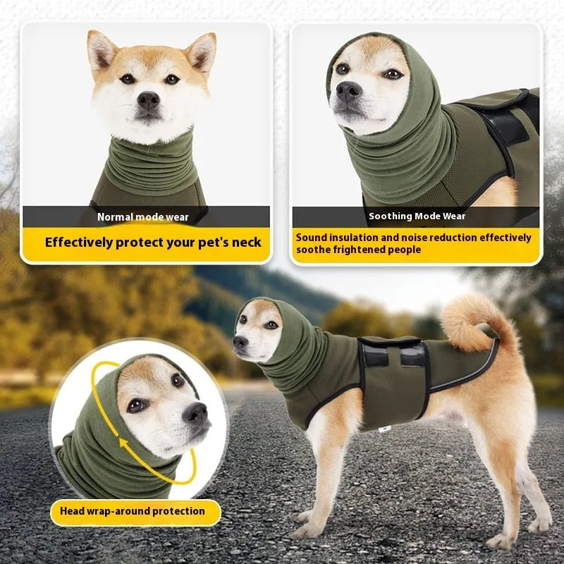 Army green dog calming anxiety relief jacket on a medium-sized dog