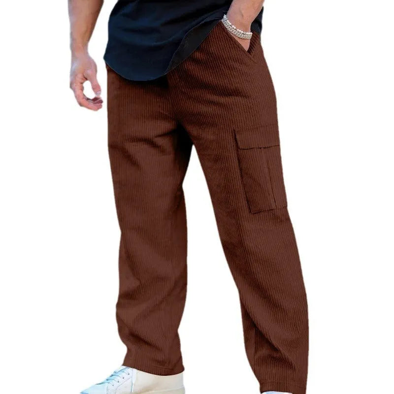 Men's corduroy cargo trousers with drawstring waist in wide-leg straight-leg design