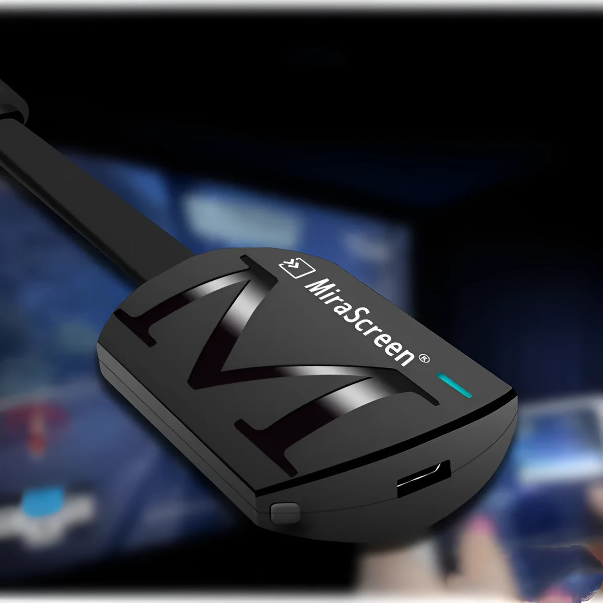 Black HD TV dongle for smartphone screen mirroring with HDMI port.