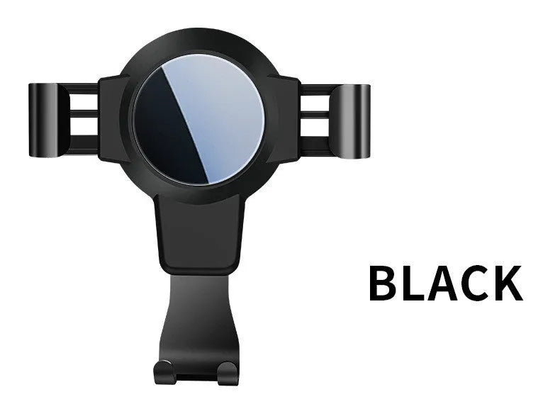 Black S4 gravity mirror ABS phone bracket clipped to a car air vent, holding a mobile phone.