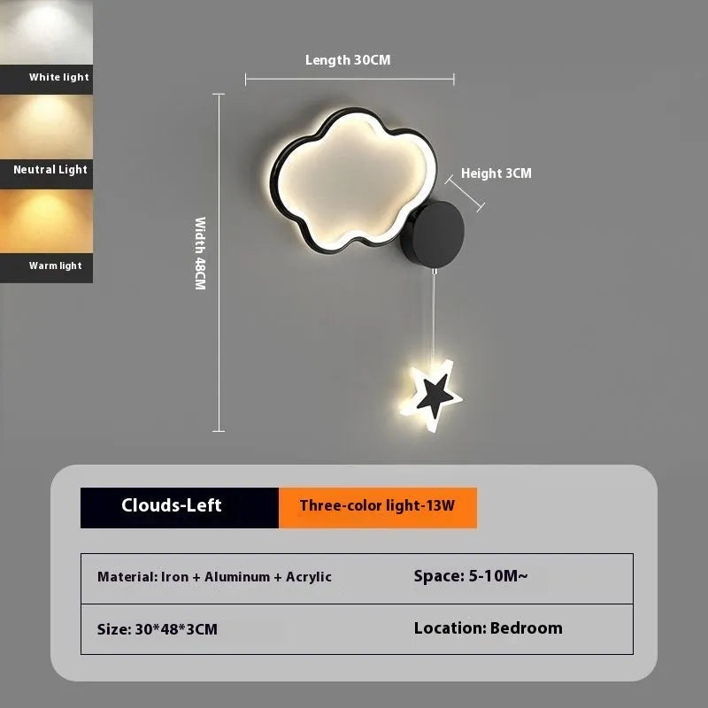 Cartoon cloud, moon and five-pointed star shaped bedside wall lamp for a children's bedroom in black or white.