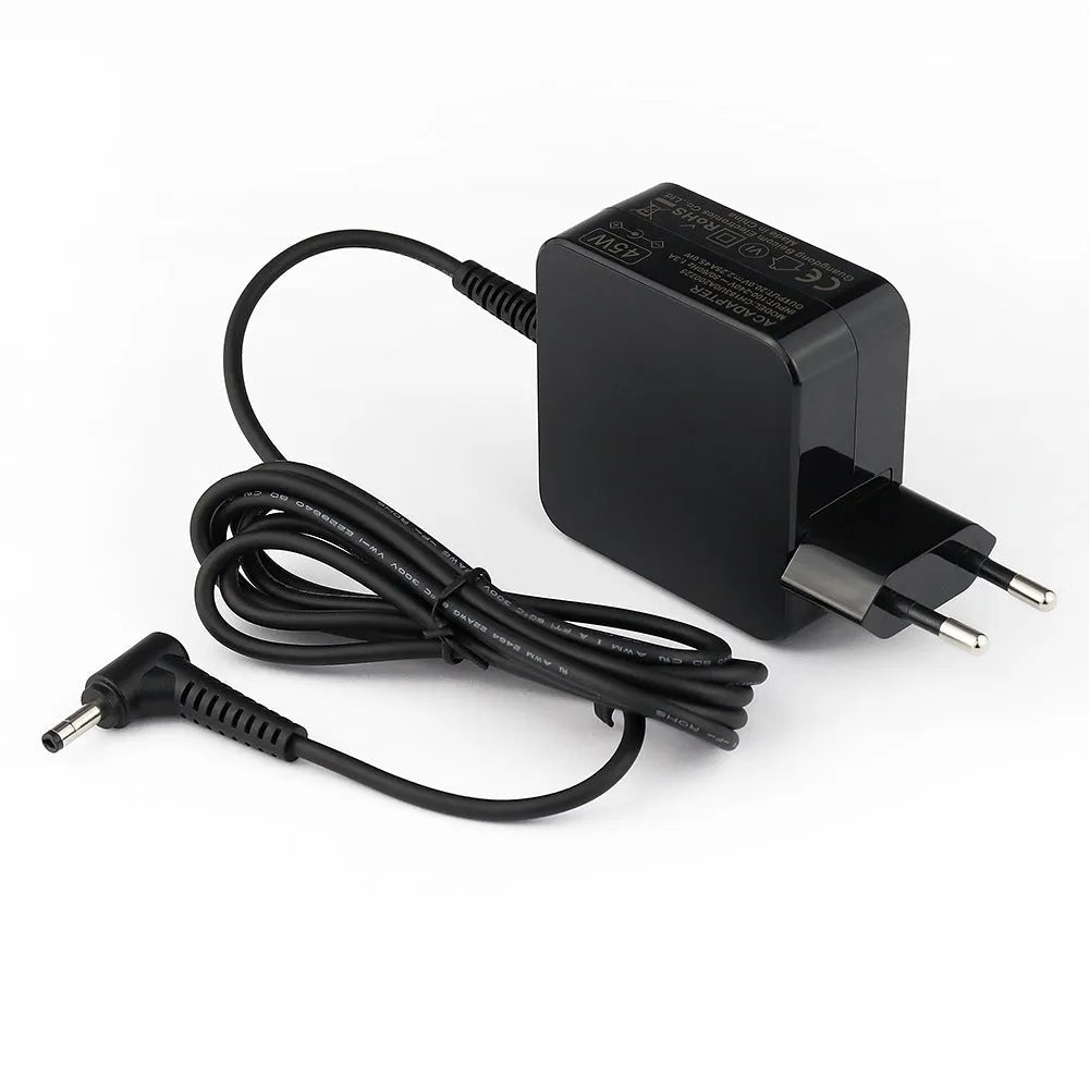 Black 45W laptop power adapter with DC connector and charging cable, dimensions 99.3mm x 36.5mm x 61.8mm
