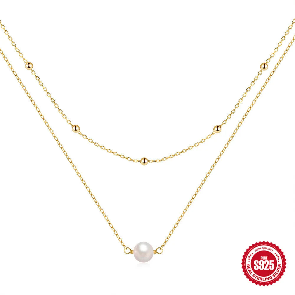 S925 sterling silver double layer pearl necklace with twin pearls and ball bead chain in gold colour