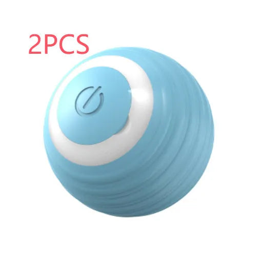 Blue automatic moving silicone ball cat toy with charging cable on hard floor