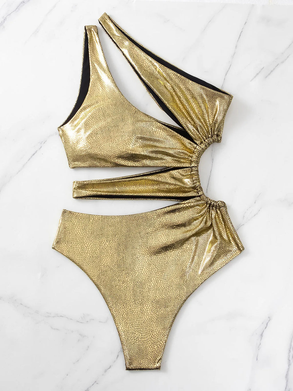 Women's gold one-piece swimsuit with backless design and high elasticity for swimming