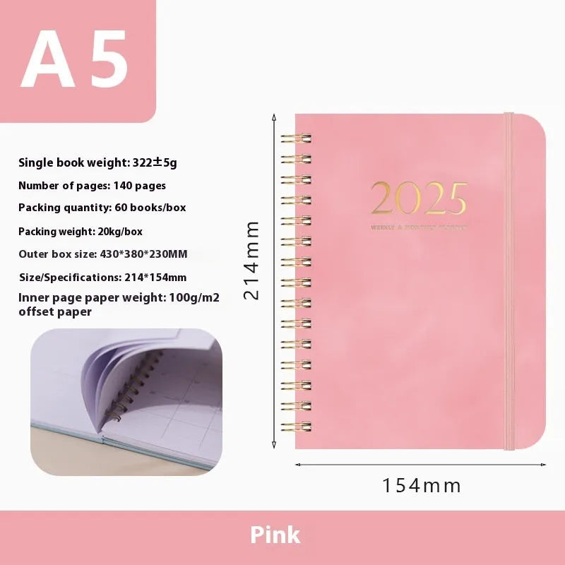 A5 size PU leather notebook with metal coil binding in a choice of colours including black, blue, brown, and pink.