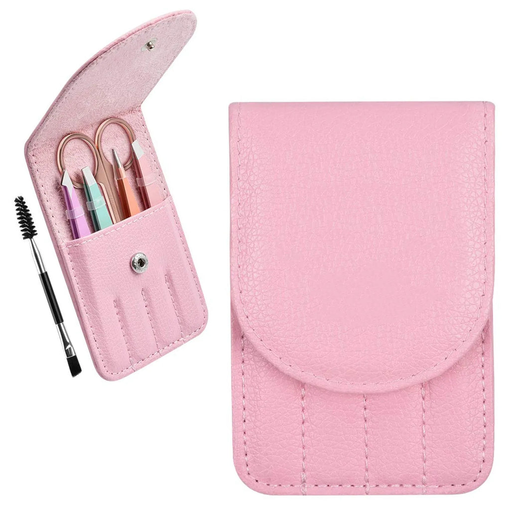 Professional six-piece stainless steel eyebrow tweezer set with curved scissors and brush in a leather case