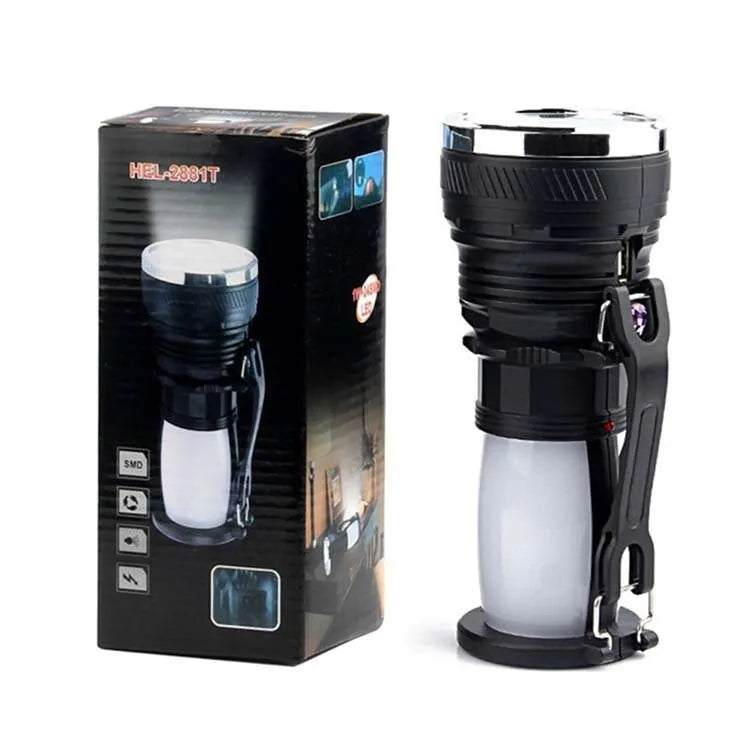 Black solar-powered LED flashlight with USB charging port.