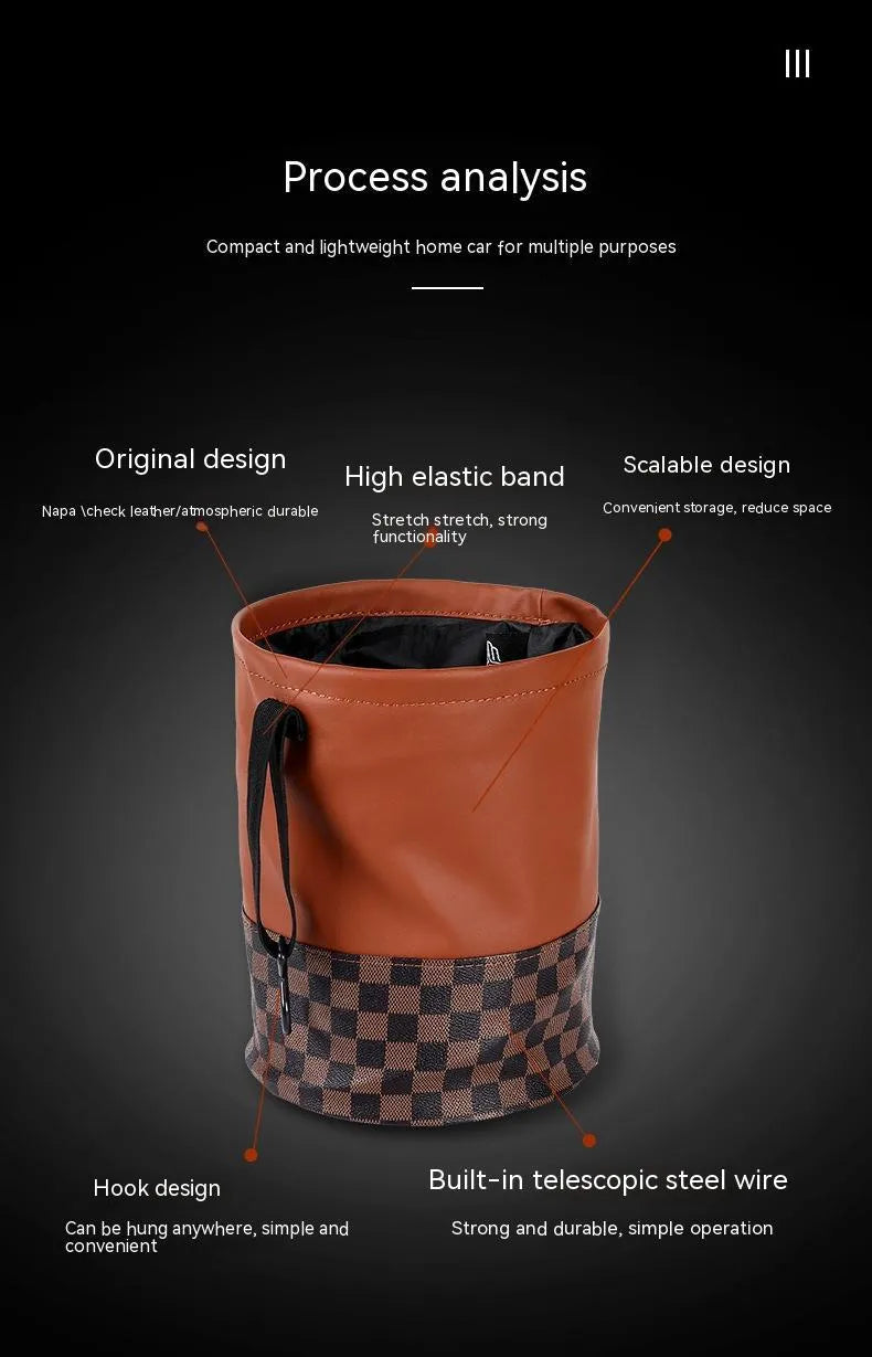 Retractable leather car trash can shown in folded and open states with handle.