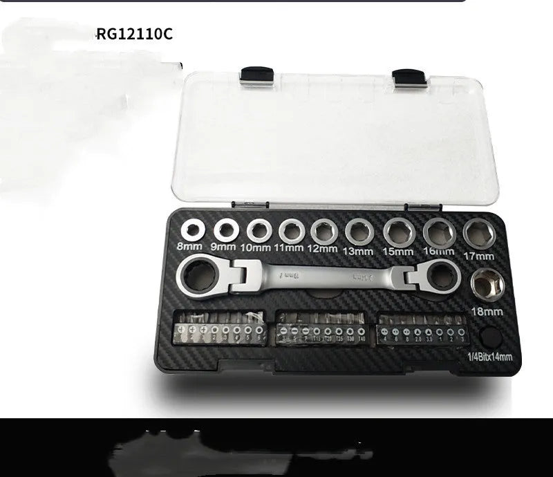 Dual-purpose ratchet wrench set with two-way switch, ten sockets, and three screwdriver bits laid out on a workbench.