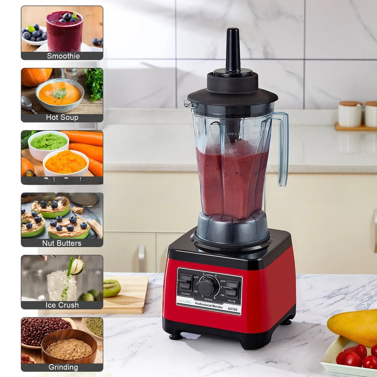 Red A8700 model commercial blender with 2200W motor and 2L capacity jar