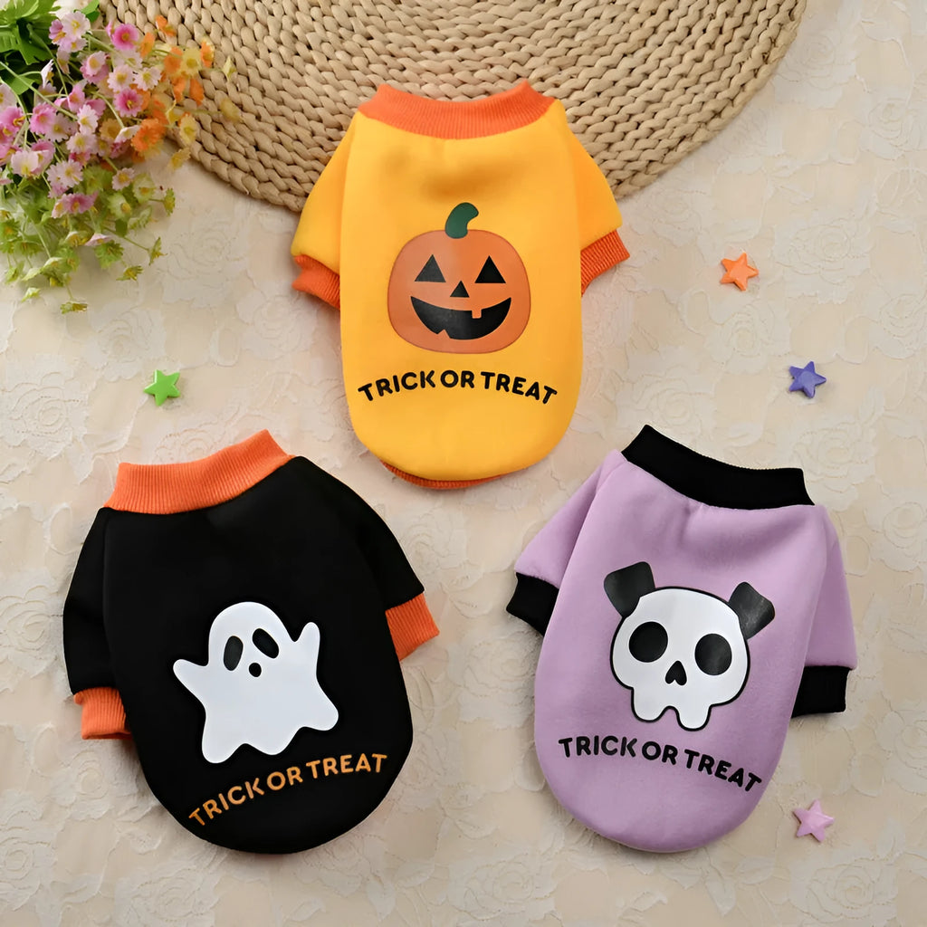 Halloween pumpkin skull pet sweater for small dogs, polyester cartoon jumper in yellow black purple, sizes XS to XL