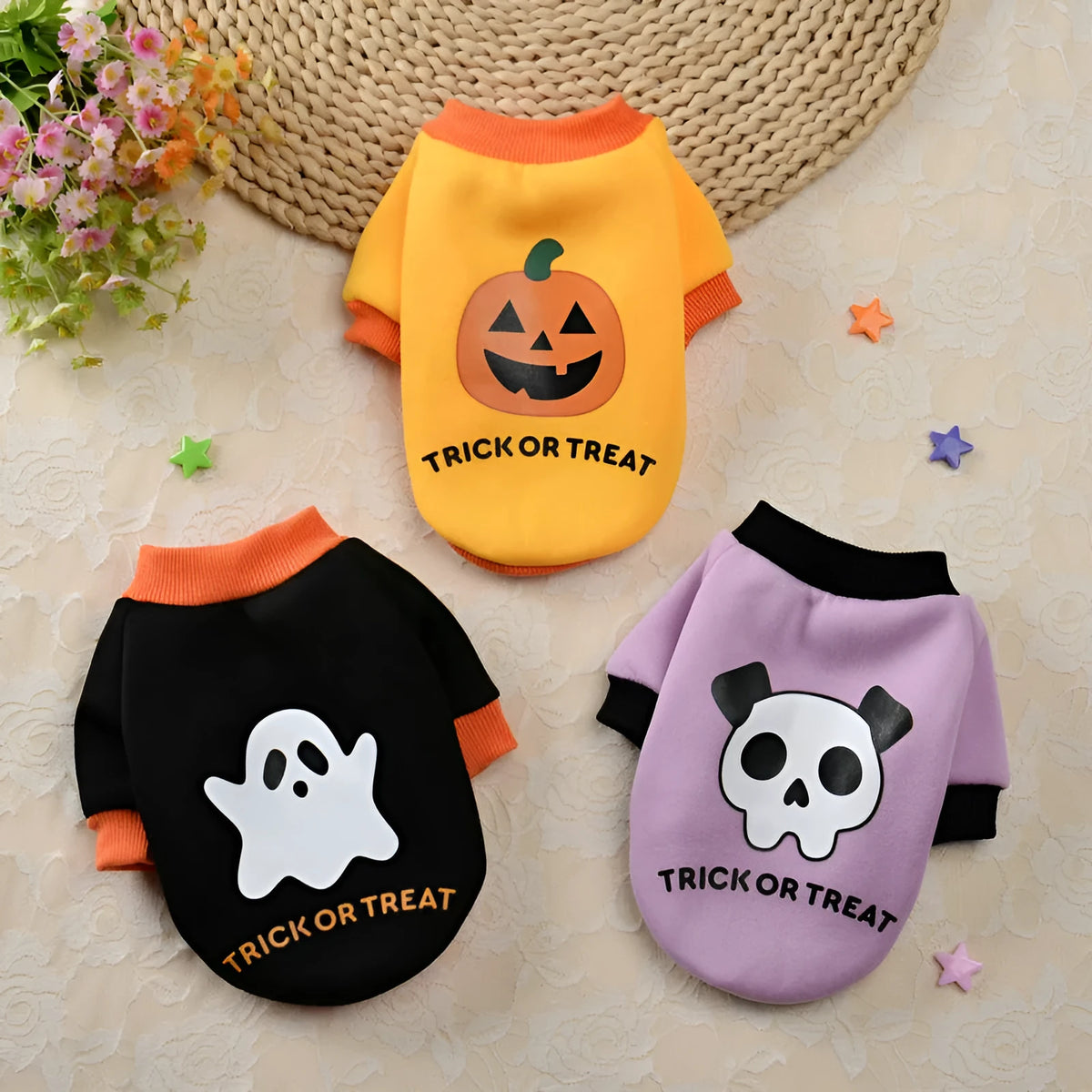 Halloween pumpkin skull pet sweater for small dogs, polyester cartoon jumper in yellow black purple, sizes XS to XL
