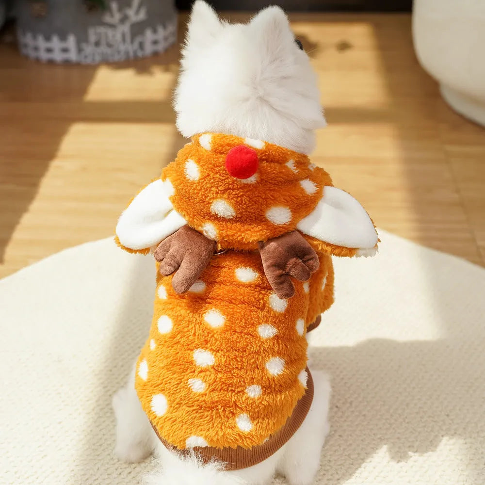 Elk fleece-lined pet costume for dogs and cats, two-leg Christmas design, sizes XS to XXL, polyester