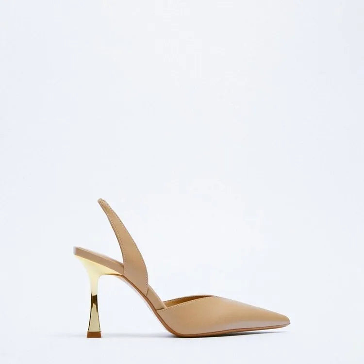 Women's nude pointed high heels in patent leather with shallow mouth design