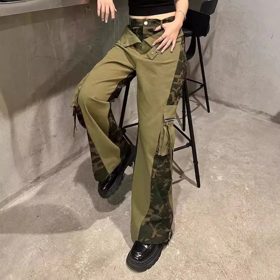 Dark khaki leopard print high waist straight leg denim trousers with contrast stitching detail.