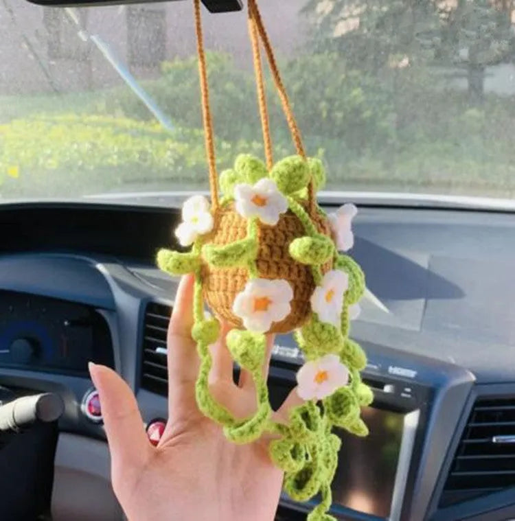 Green and white knitted wool car plant decoration hanging from 25cm white rope
