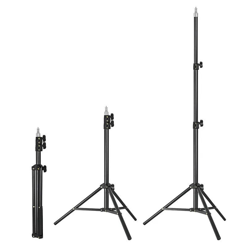 Frost white tripod light stand for studio photography with adjustable height and mobile phone holder