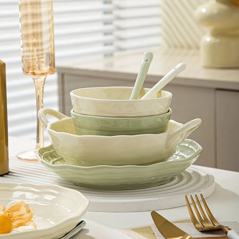 Solid colour ceramic tableware set of seven pieces with modern Japanese style design