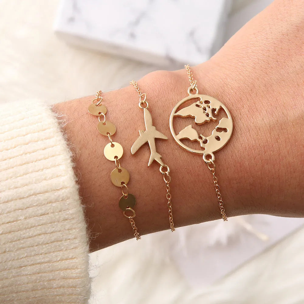 Three bohemian-style aircraft map charm bracelets with heart-shaped alloy charms in sku2104 colour