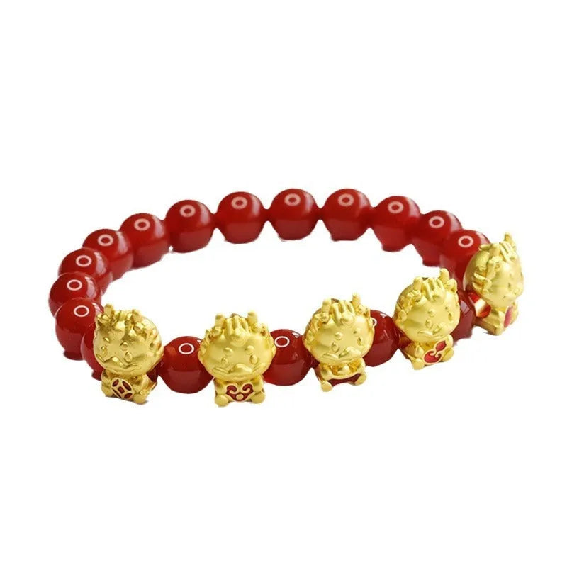 Red agate bracelet with Chinese dragon charm design showing 8mm beads
