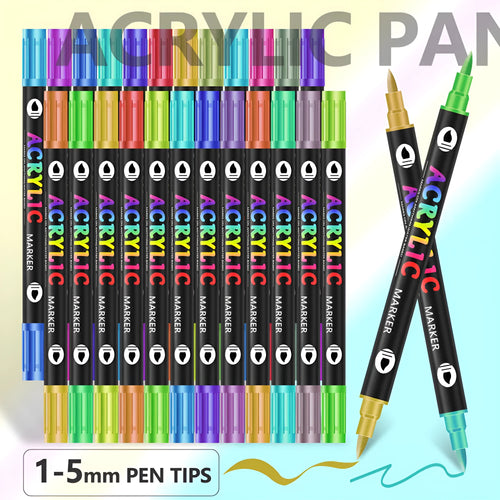 Set of double-headed acrylic paint marker pens in a case, showing two tips per pen.