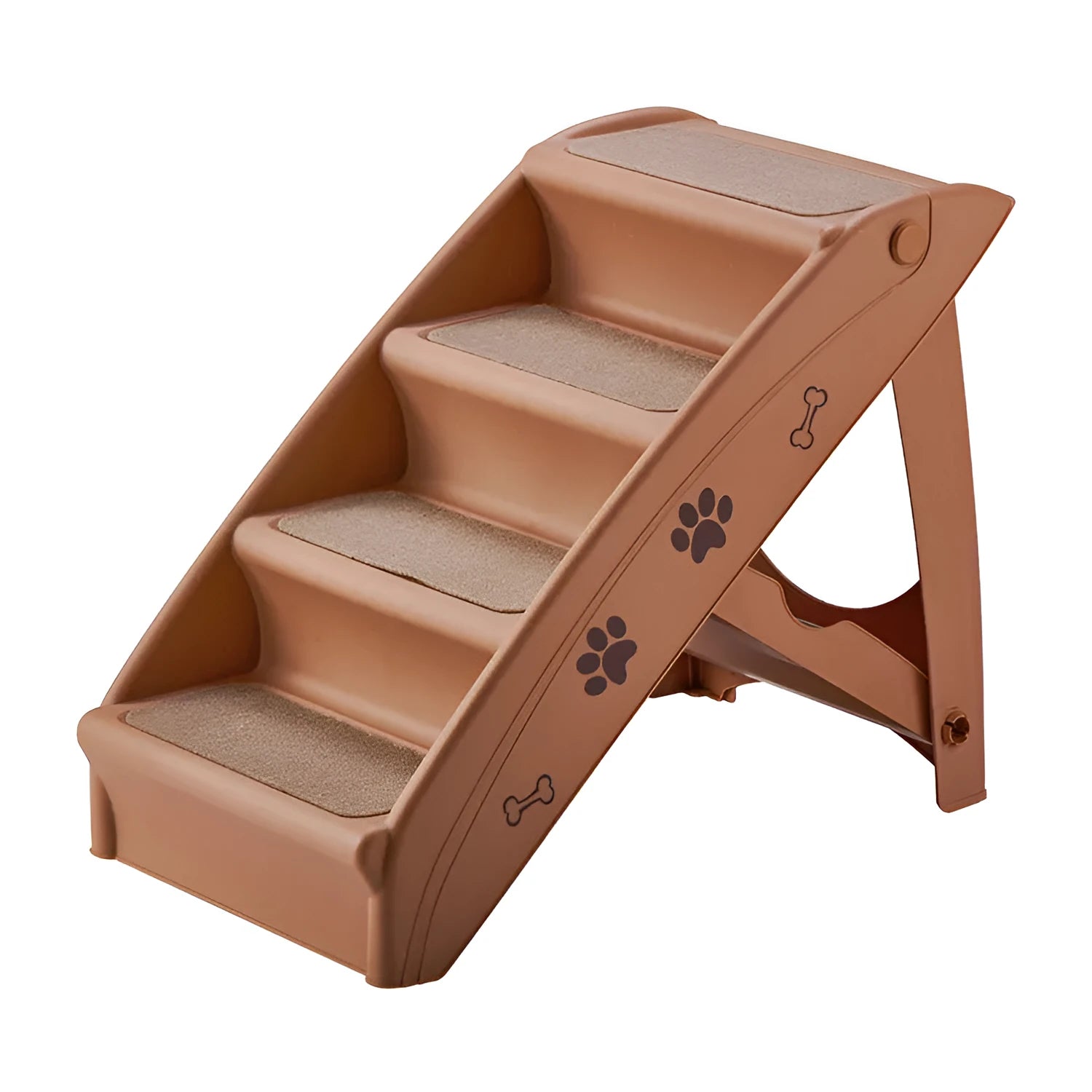 Foldable grey plastic pet stairs for small dogs and cats on a carpeted floor.
