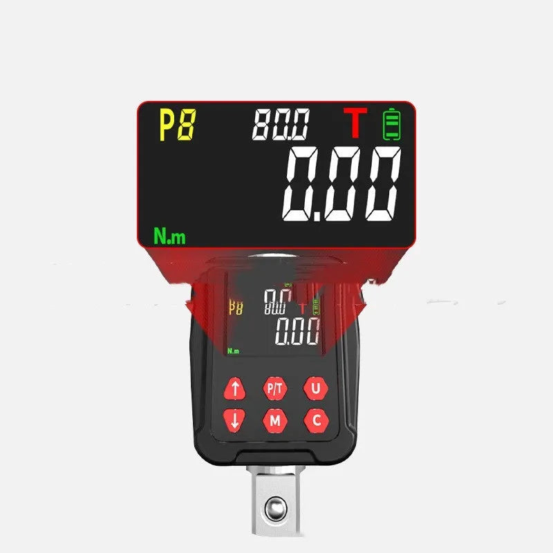 Digital torque meter with display screen and 1/2 inch square drive, part of a three-piece tool set.