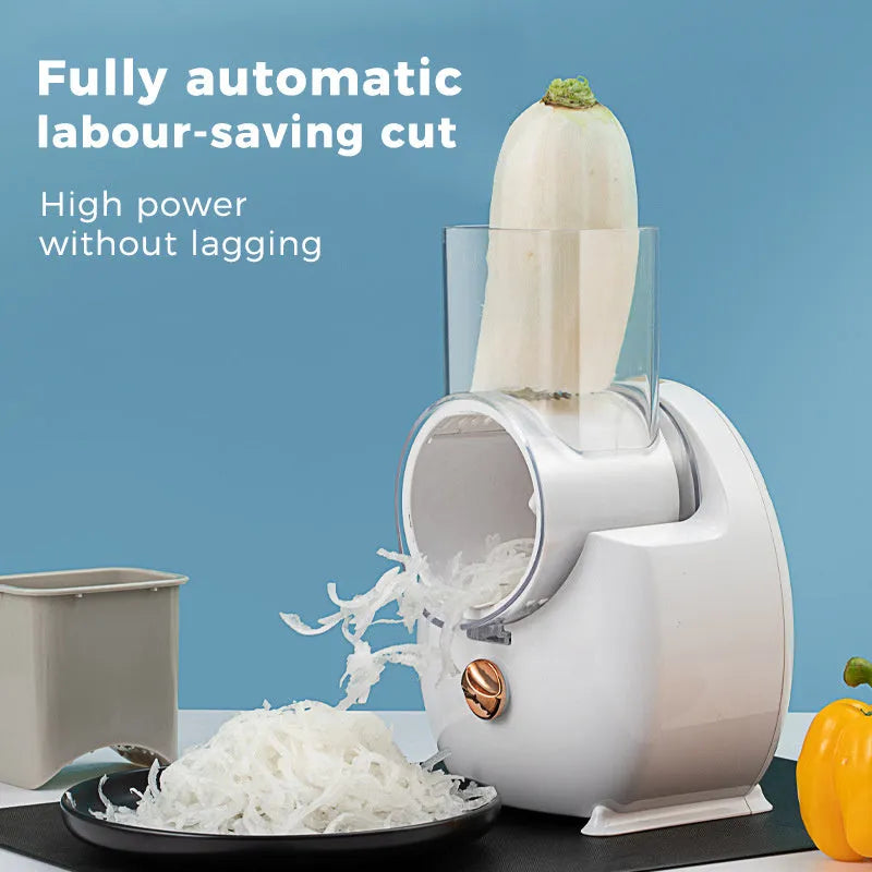 White electric vegetable slicer with rotary grater system and suction base on kitchen counter