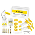 EZmtb bicycle hydraulic disc brake bleed kit with syringes, bottles, wrenches, and adapters on a workbench
