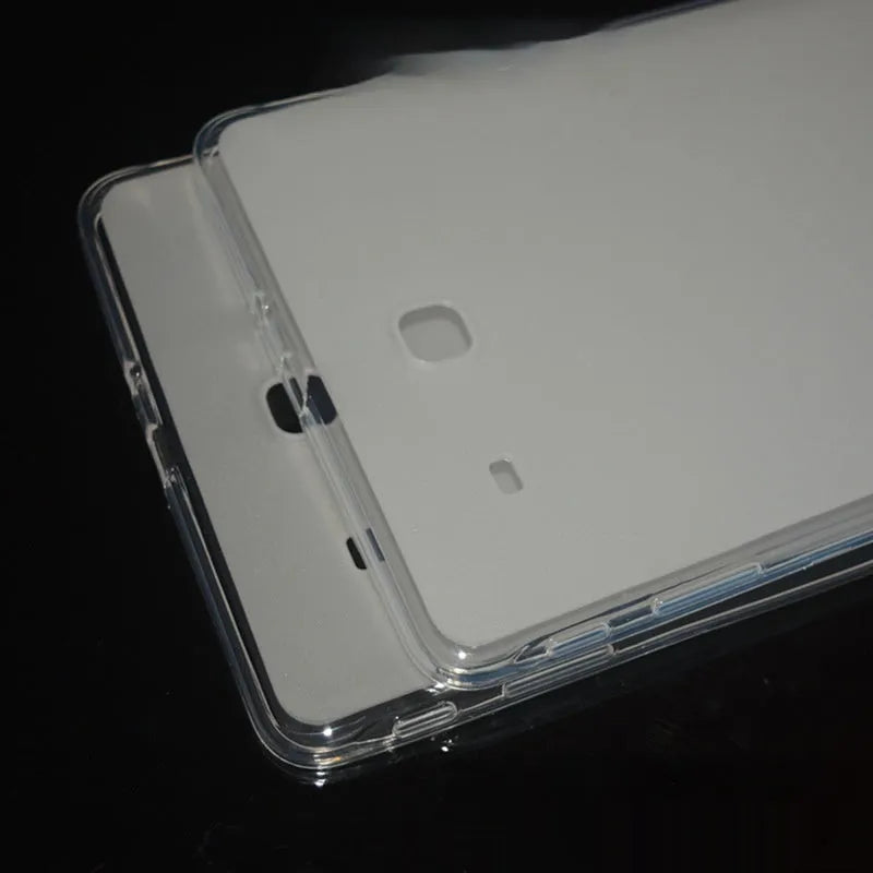 Clear ultra-thin silicone protective case for a tablet, showing minimalist design and TPU bumper.