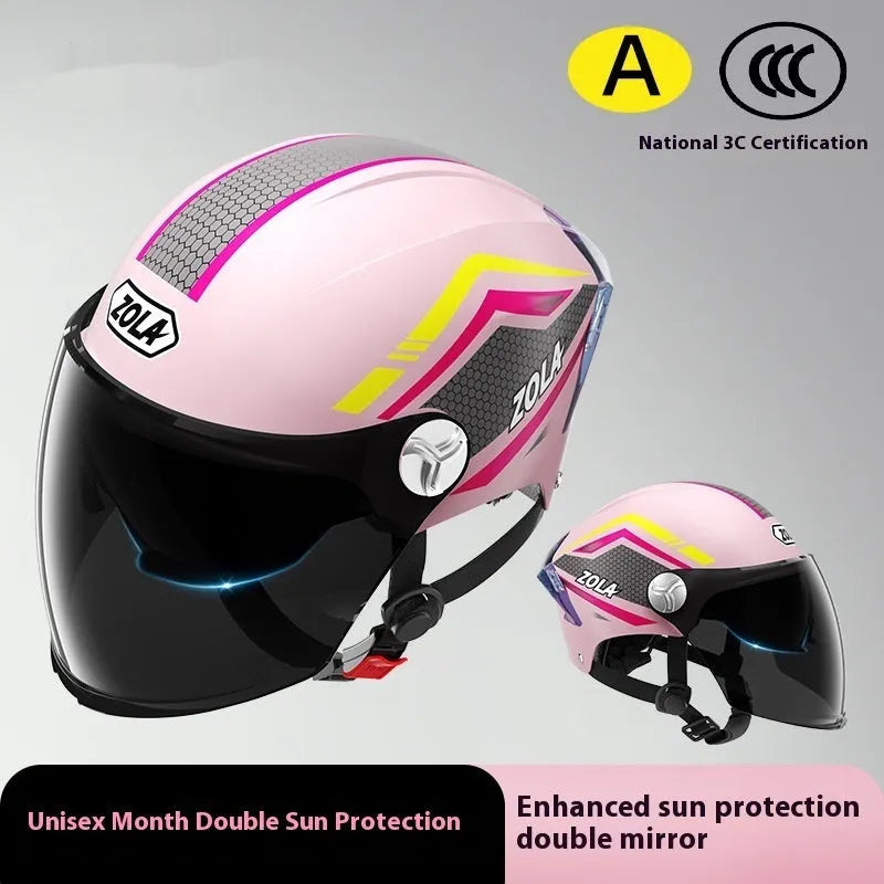 3C certified ABS half motorcycle helmet with double mirror visor in various colours for men women and children