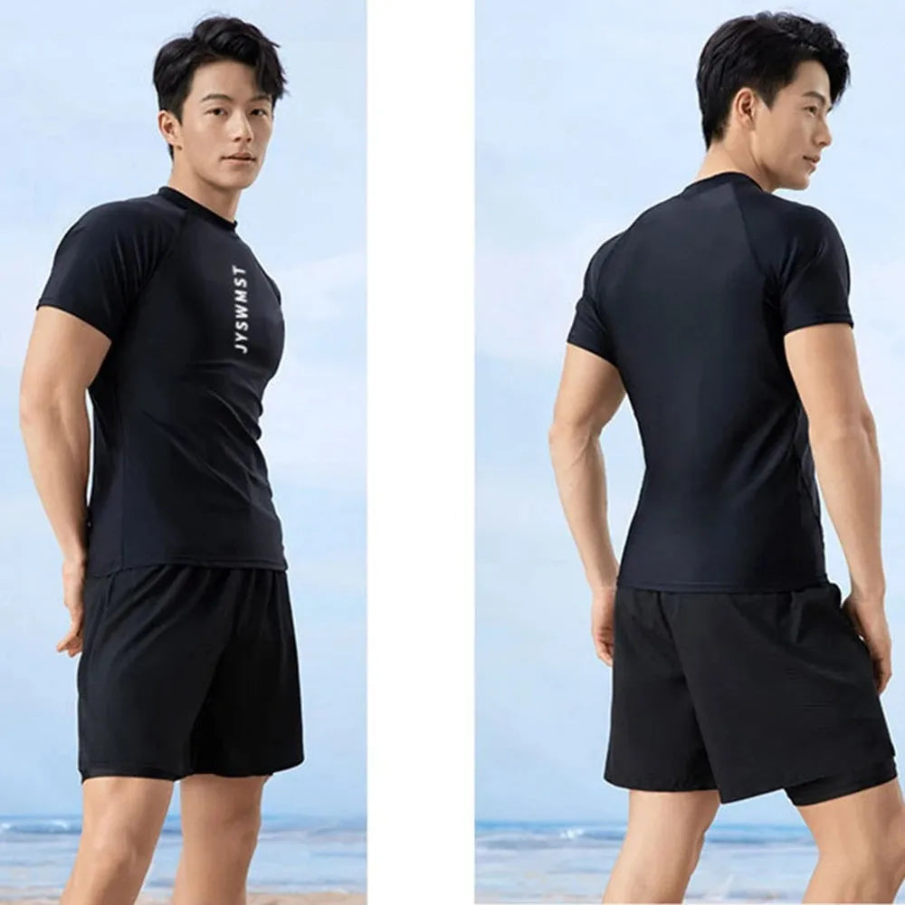 Men's patterned polyester swimsuit set with top and trousers on a mannequin