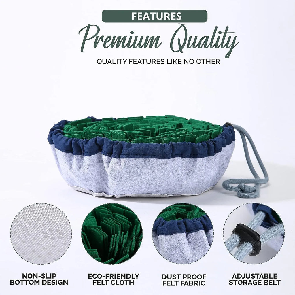 Blue adjustable cotton snuffle mat for dogs with non-slip backing on a wooden floor.