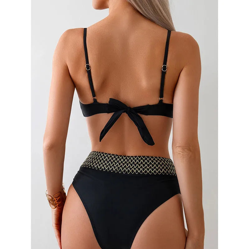 Black women's bikini swimsuit with high elasticity in a European style briefs design.