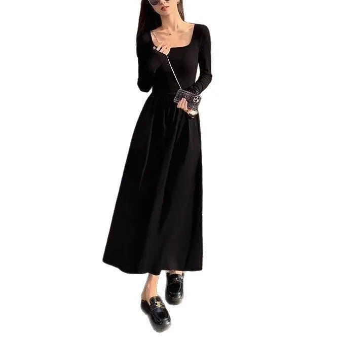 Women's black square collar knitted dress with elastic waist and A-line long skirt