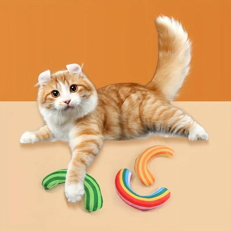 Set of four striped pattern cat pillow toys with catnip measuring 23 by 20 centimetres