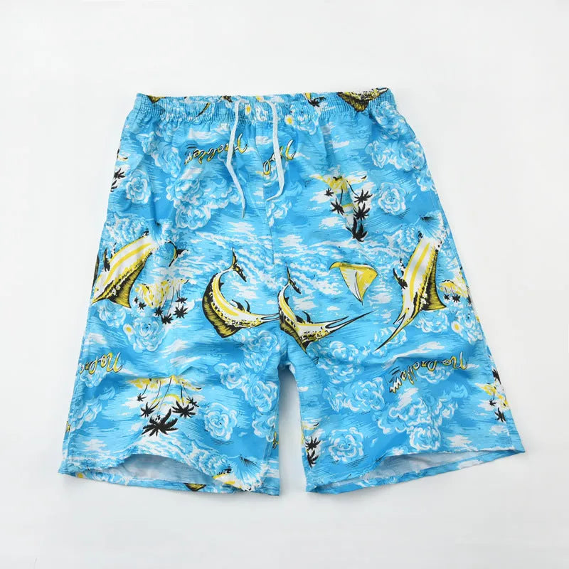 Men's floral printed five-point swimming trunks in polyester fabric, free size fit for pool and beach wear
