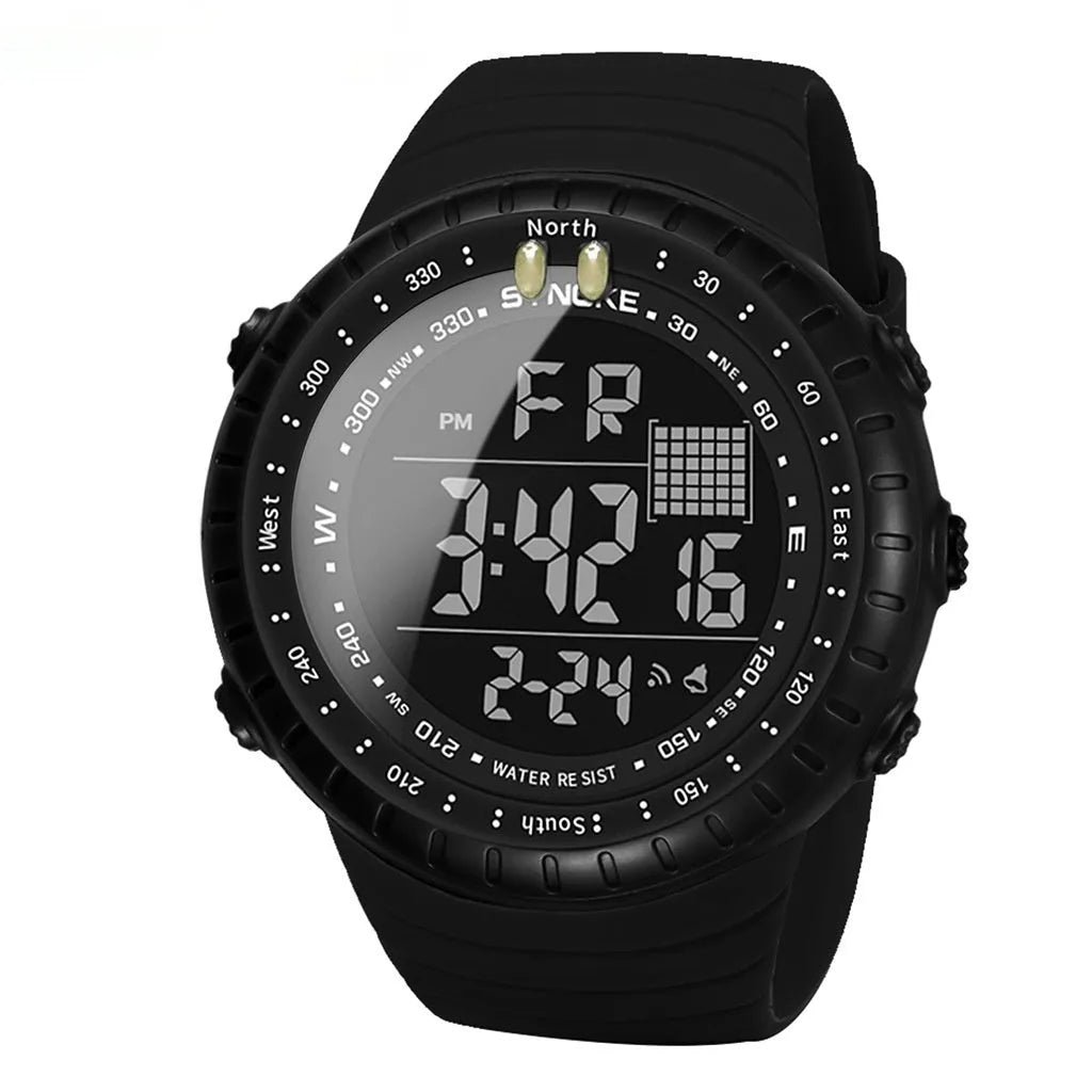 Black men's digital waterproof watch with plastic case and adjustable PU strap
