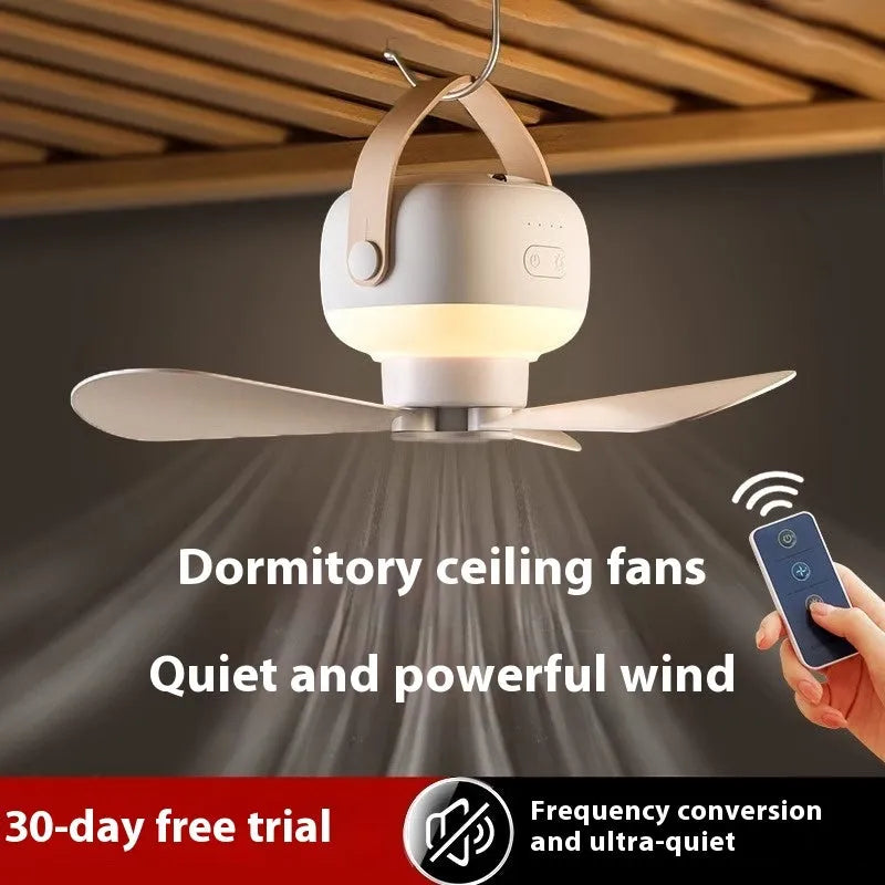 Small white rechargeable ceiling fan with remote control, mounted on a metal wire bracket.