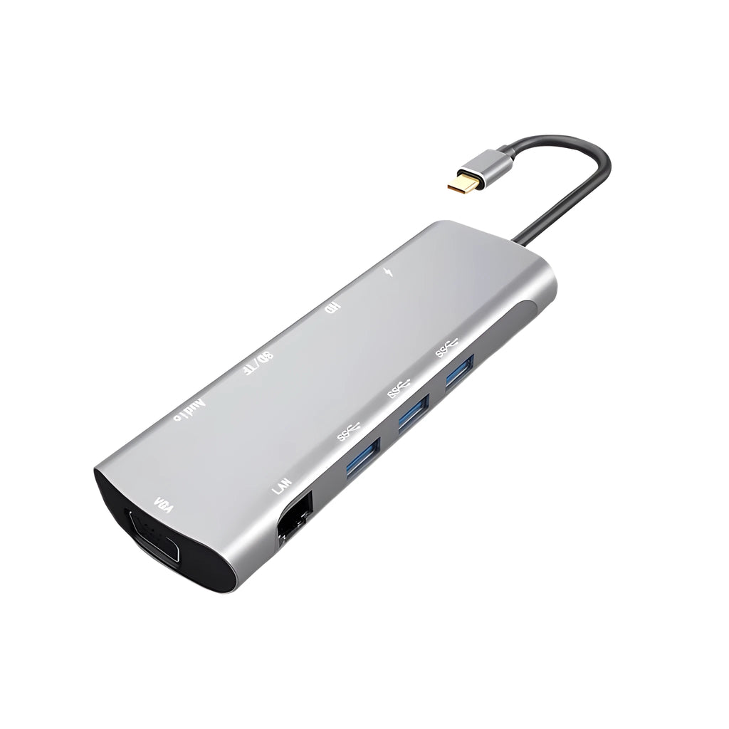 Grey aluminium USB-C docking station with HDMI, VGA, and USB ports