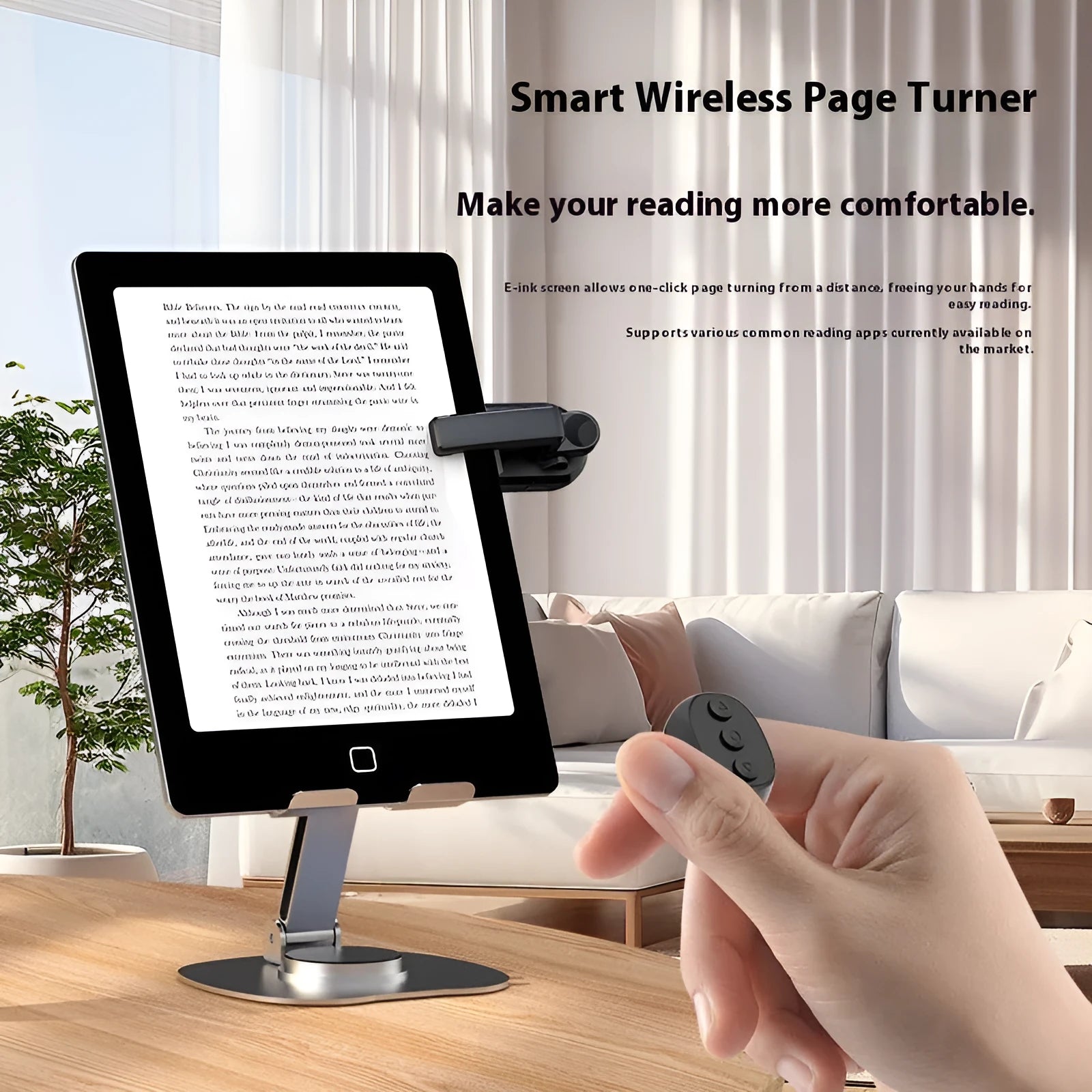 Wireless page turner remote control with clicker for e-readers and tablets in black, white, or pink.