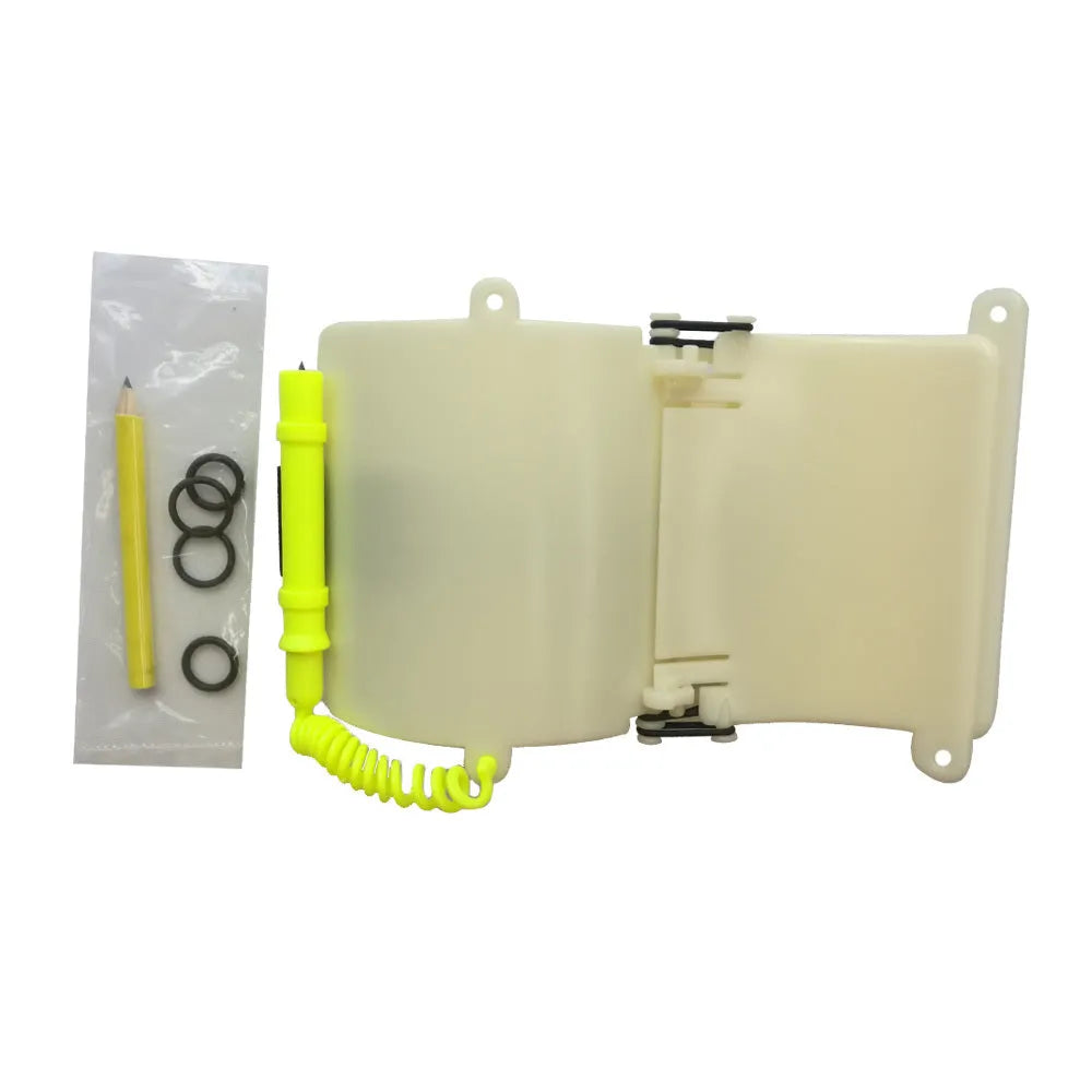 White luminous submersible writing board with pencil and spare O-ring for underwater communication