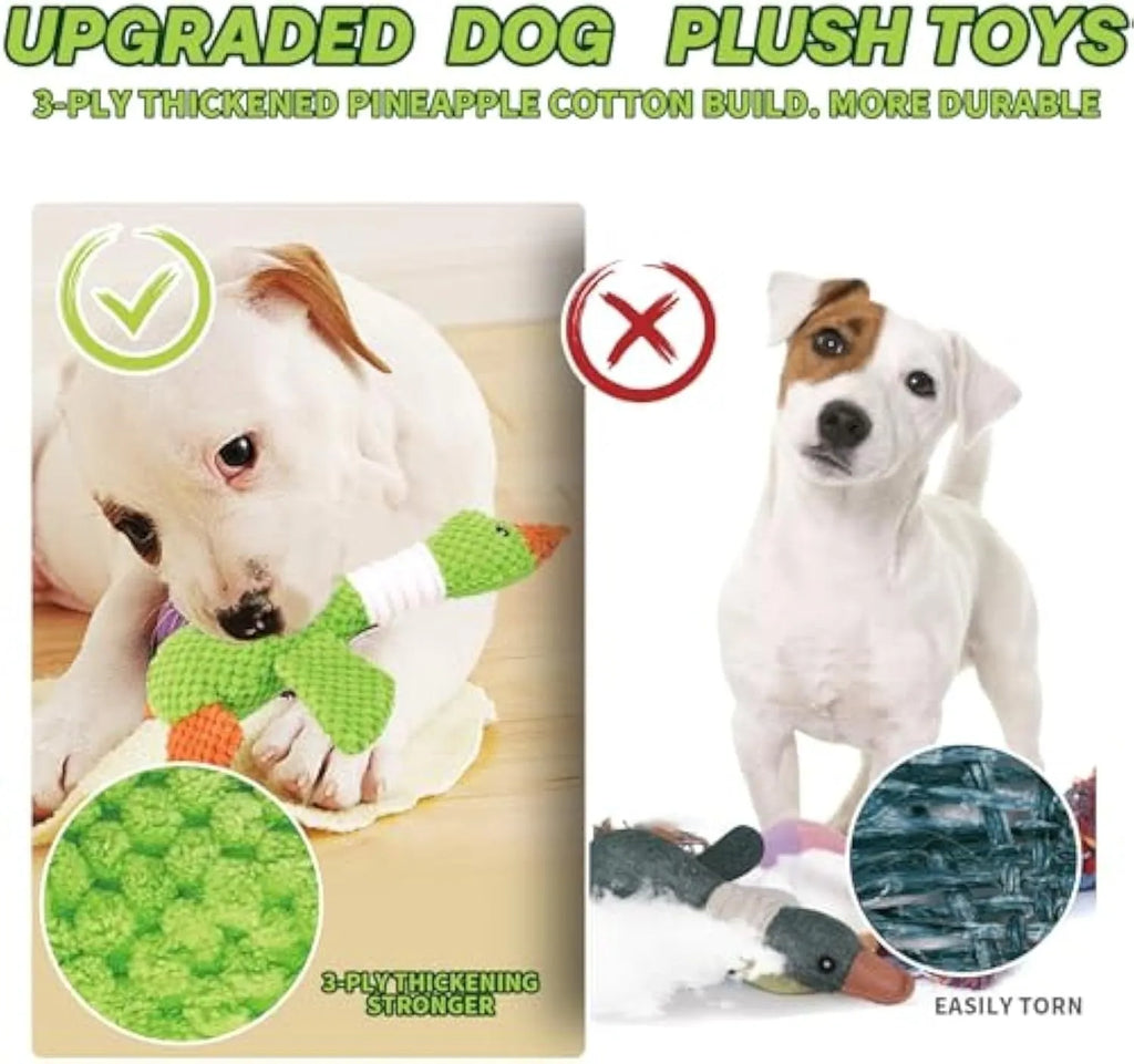 Blue, green or grey duck-shaped dog plush toy with squeakers, measuring 33 cm