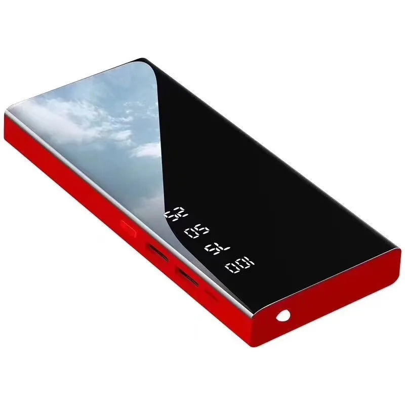 Black 20000mAh portable power bank with LCD screen and dual USB ports on a white background.